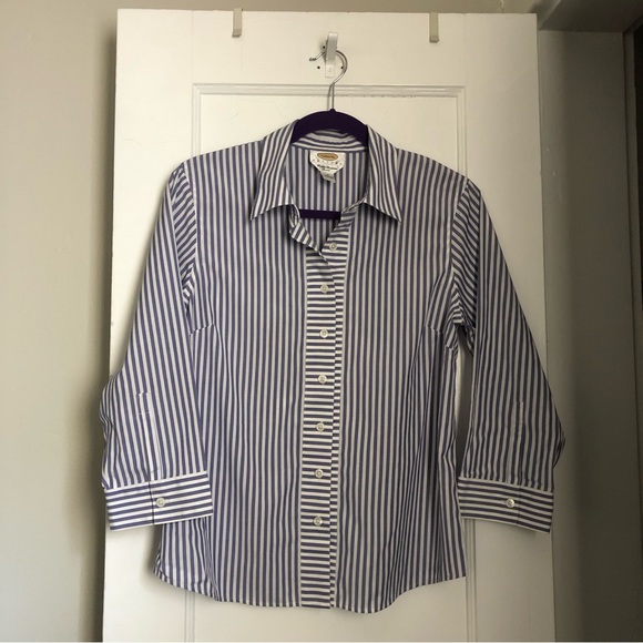Talbots Wrinkle Resistant Stretch Striped Buttondown Shirt Navy White NWOT 10p - Picture 2 of 6